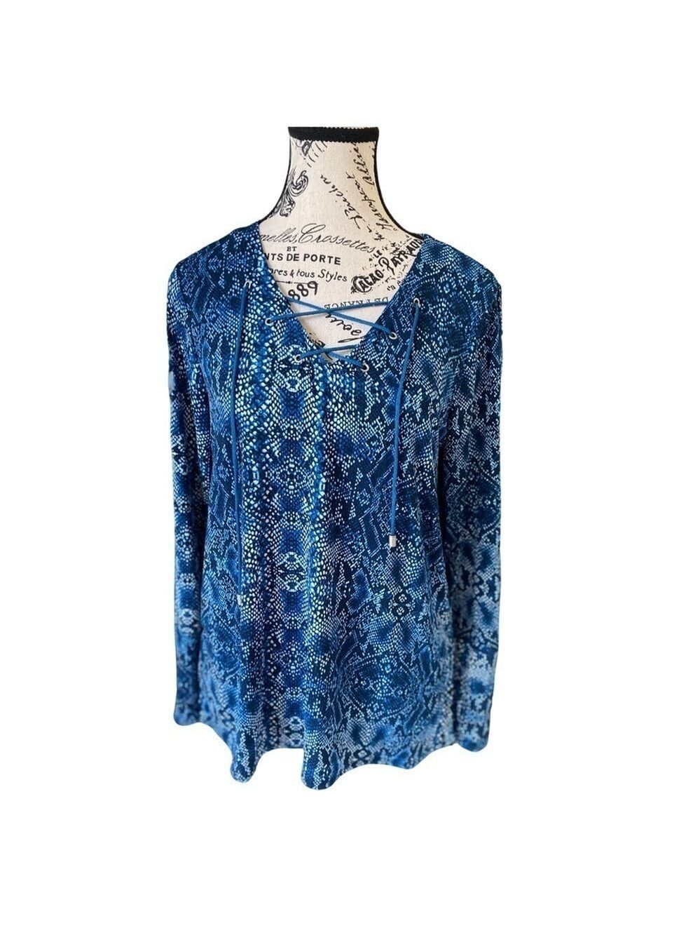 Larry Levine Long Sleeve Lace Up Blue Medallion Print Top Size S